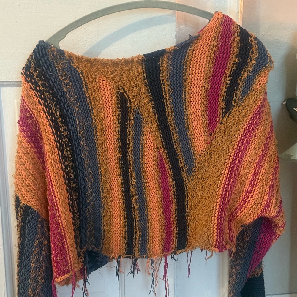 Free People Off-the-Shoulder Striped Knit Sweater in Mustard, Navy & Magenta